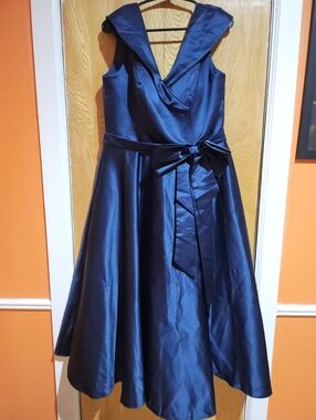 Navy Satin Fit-and-Flare Dress with Bow Waist